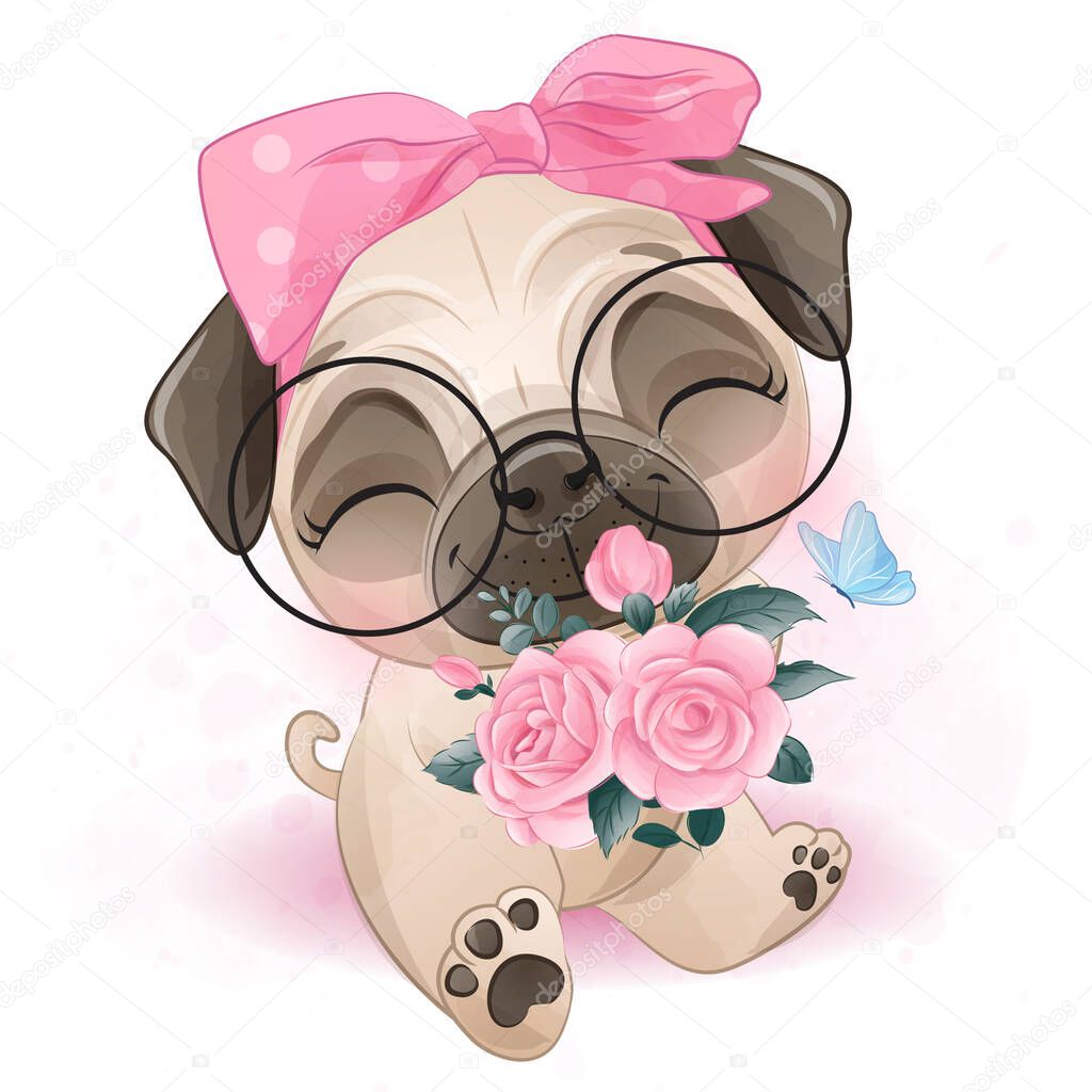 Cute little pug with watercolor illustration