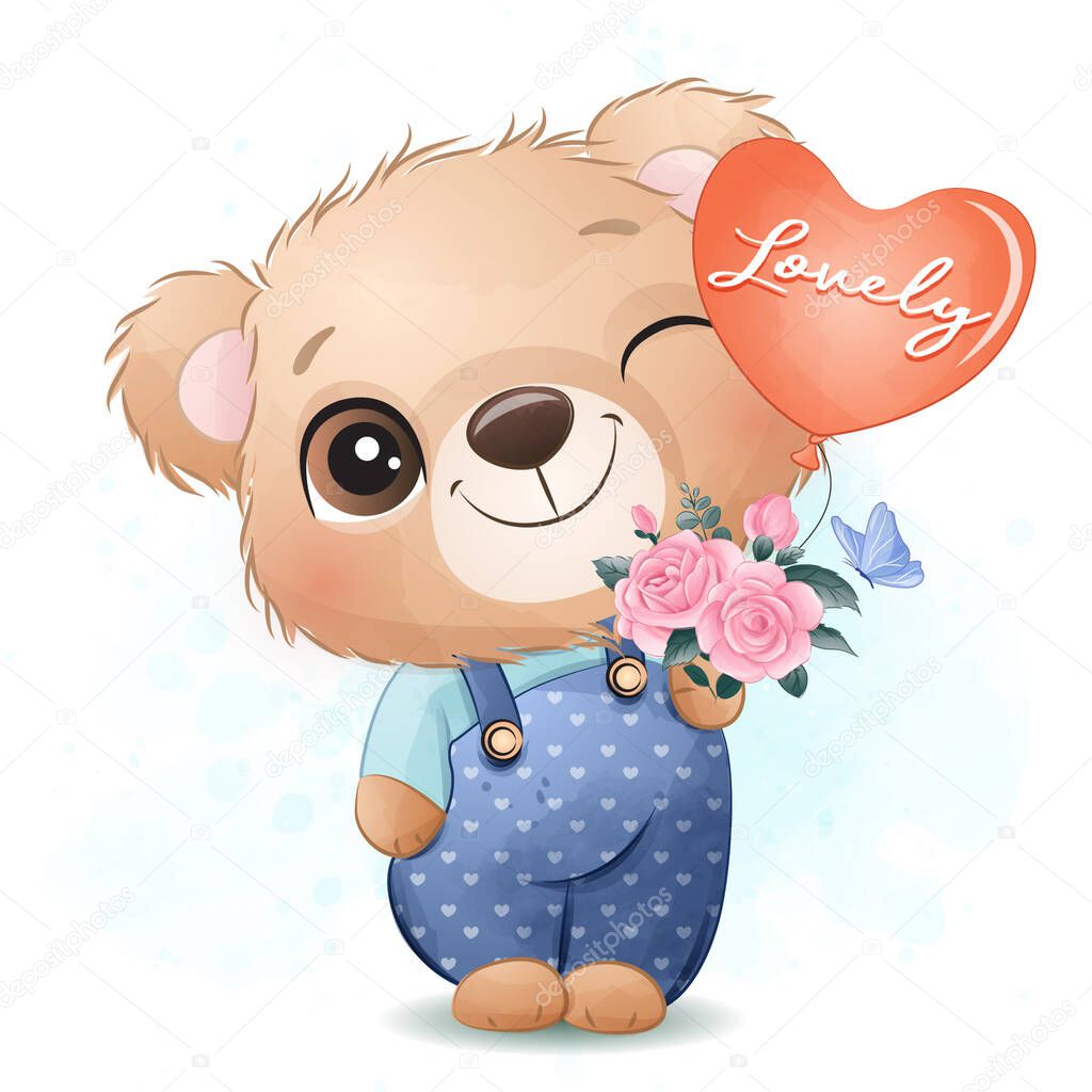 Cute little bear holding a roses and balloon illustration
