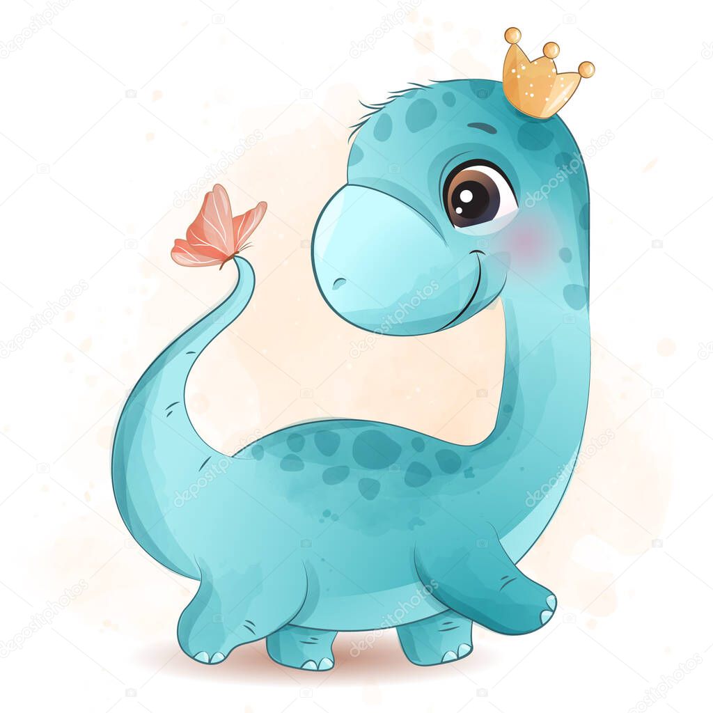 Cute dinosaur playing with butterfly illustration