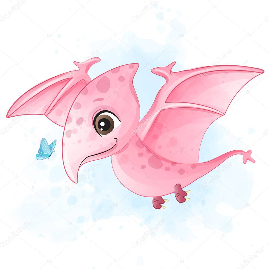 Cute dinosaur playing with butterfly illustration