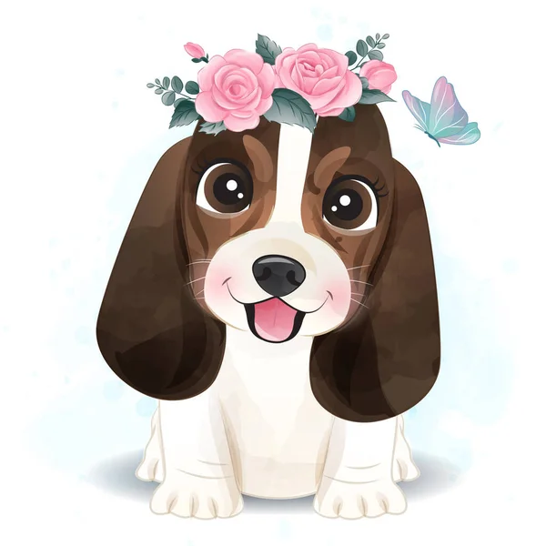 Carino Piccolo Basset Hound Con Illustrazione Floreale — Vettoriale Stock