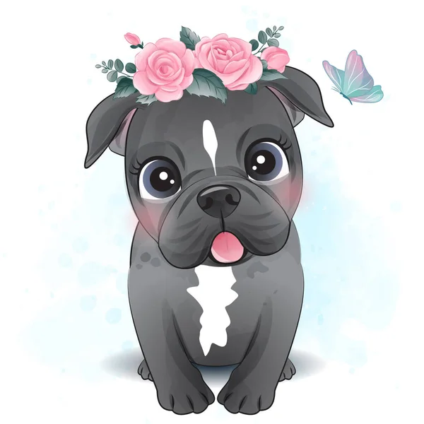 Pequeno Pitbull Bonito Com Ilustração Floral — Vetor de Stock