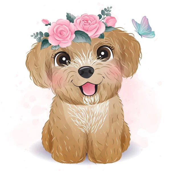 Petite Caniche Mignonne Avec Illustration Florale — Image vectorielle