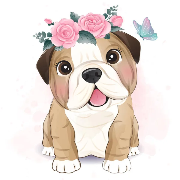 Carino Piccolo Bulldog Con Illustrazione Floreale — Vettoriale Stock