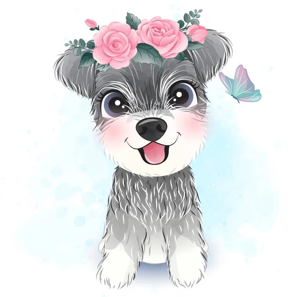 Carino Piccolo Schnauzer Con Illustrazione Floreale — Vettoriale Stock