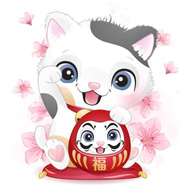 Şirin küçük şanslı kedicik çizimi