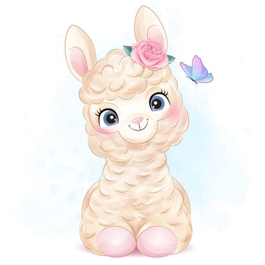 Cute little alpaca with watercolor illustration clipart