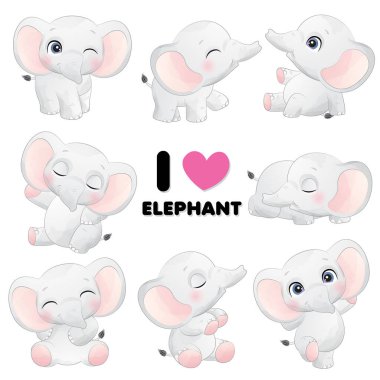 Tatlı küçük fil suluboya resimli poz veriyor.