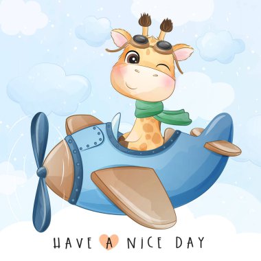 Küçük şirin zürafa uçak resimleriyle uçuyor.