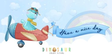 Uçak resimleriyle uçan şirin bir dinozor.
