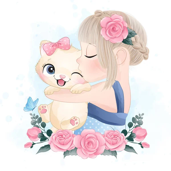 Cute Girl Kissing Little Kitty Watercolor Illustration — Stock Vector