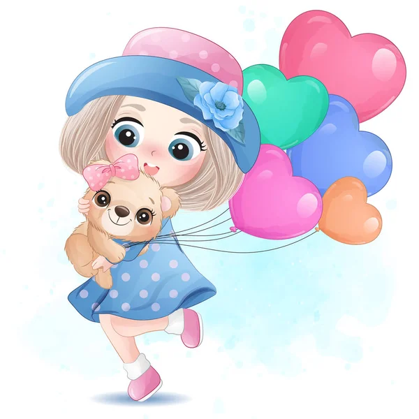 Χαριτωμένο Κορίτσι Μικρή Αρκούδα Εικονογράφηση — Διανυσματικό Αρχείο
