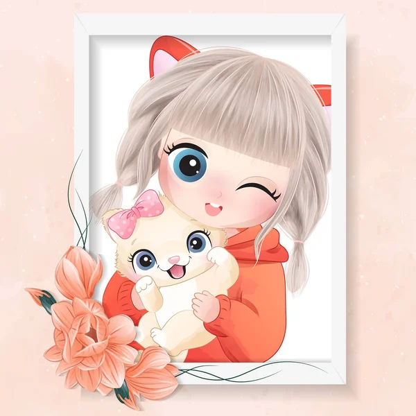 Linda Chica Con Pequeña Ilustración Gatito — Vector de stock