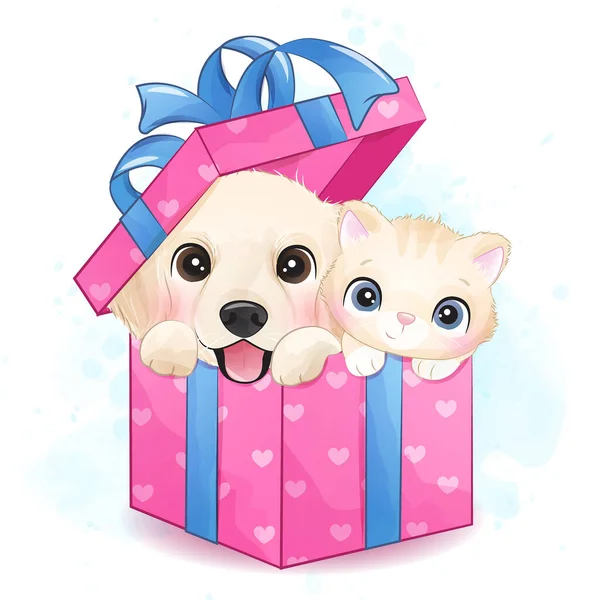 Schattig Klein Hondje Poesje Zittend Geschenkdoos Illustratie — Stockvector