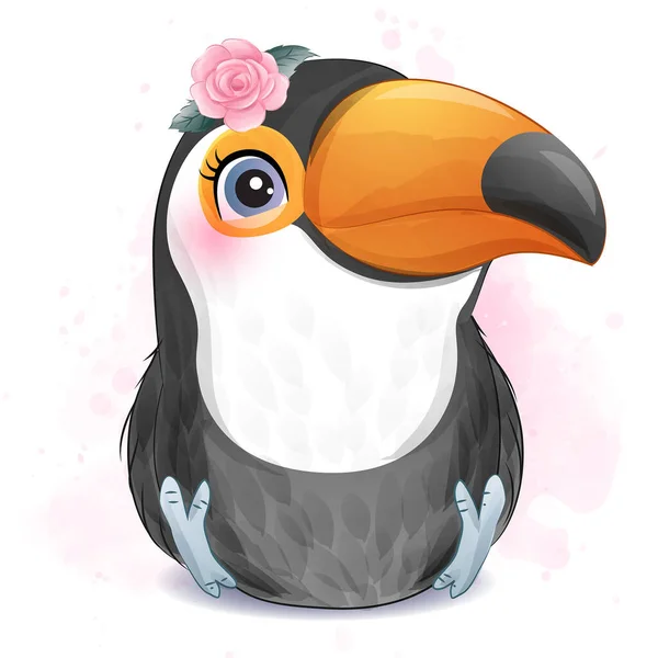 Roztomilý Malý Toucan Akvarelem Ilustrace — Stockový vektor