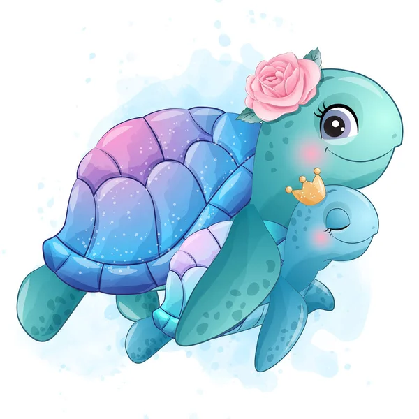 Schattig Klein Zeeschildpad Moeder Baby Illustratie — Stockvector