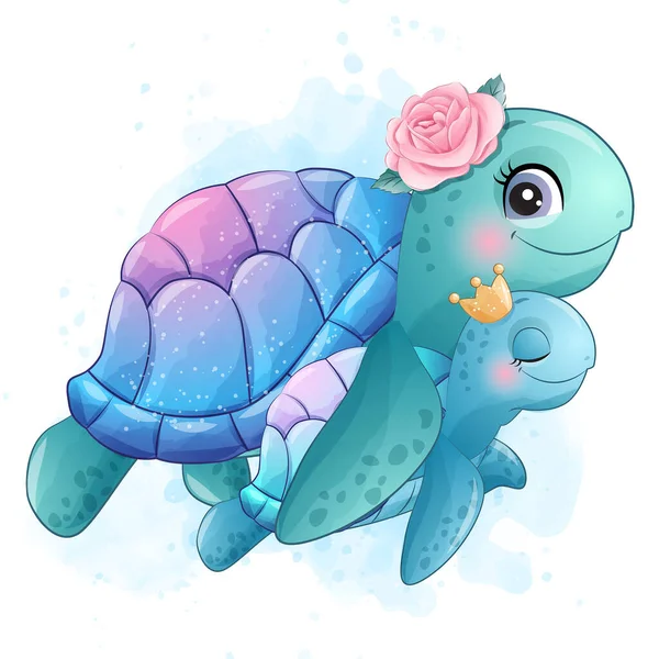 Linda Pequeña Tortuga Marina Madre Bebé Ilustración — Vector de stock