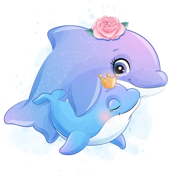 Cute Little Dolphin Mother Baby Illustration — Stock Vector