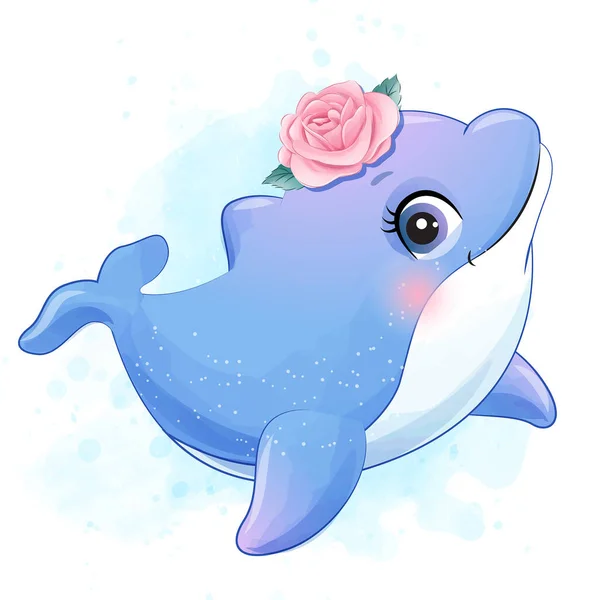 Cute Little Dolphin Watercolor Illustration — Stock Vector