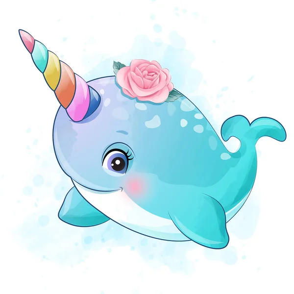 Narwhal Kecil Yang Lucu Dengan Ilustrasi Cat Air - Stok Vektor