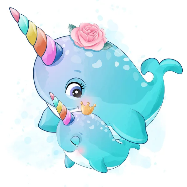 Cute Little Narwhal Mother Baby Illustration — Stock Vector