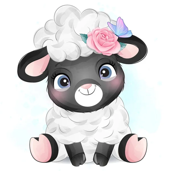 Cute Little Sheep Watercolor Illustration — Stock Vector