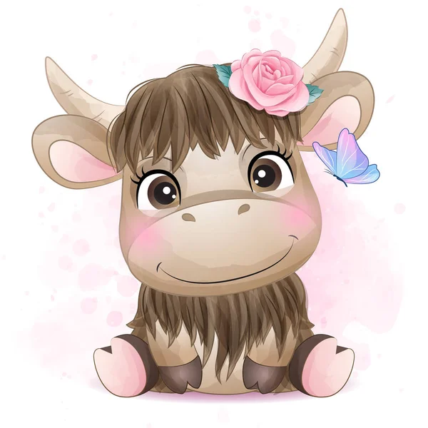用水彩画画可爱的小水牛 — 图库矢量图片