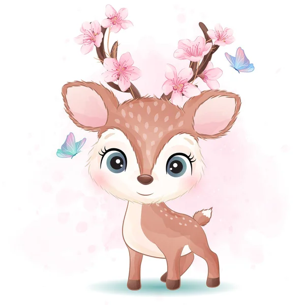 Pequeno Cervo Bonito Com Ilustração Aquarela — Vetor de Stock
