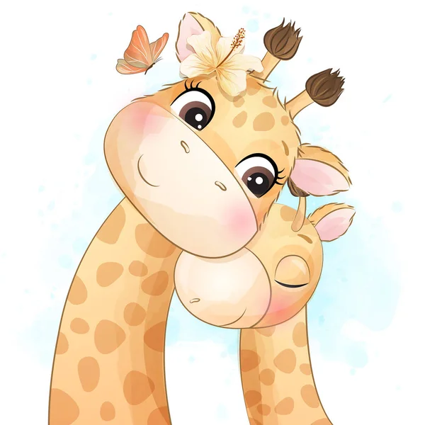 Schattige Kleine Giraffe Moeder Baby Illustratie — Stockvector