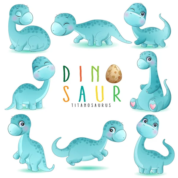 Schattige Kleine Dinosaurus Poses Met Aquarel Illustratie — Stockvector