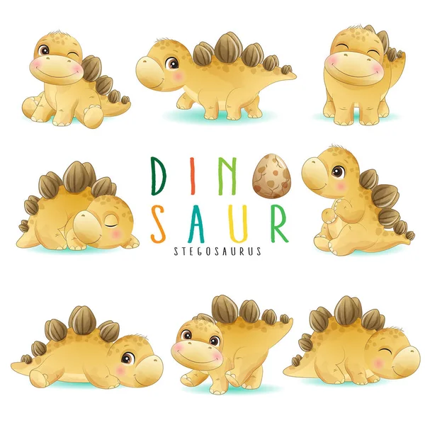 Schattige Kleine Dinosaurus Poses Met Aquarel Illustratie — Stockvector