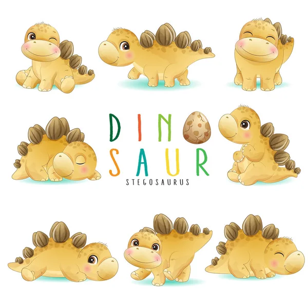 Lindo Dinosaurio Pequeño Posa Con Ilustración Acuarela — Vector de stock