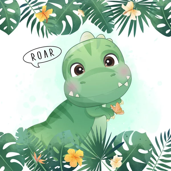 Dinossauro Bonito Com Ilustração Aquarela — Vetor de Stock