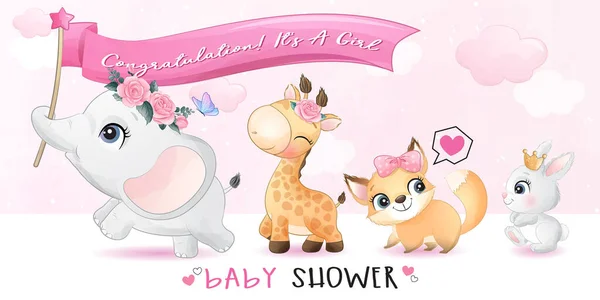 Schattige Kleine Dieren Met Baby Douche Illustratie — Stockvector