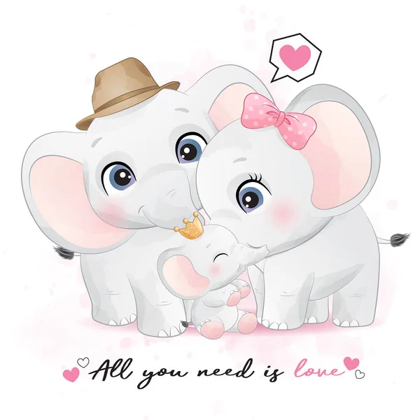 Söt Liten Elefantfamilj Med Akvarell Illustration — Stock vektor