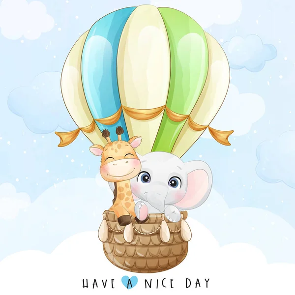 Küçük şirin zürafa ve balonla uçan fil.