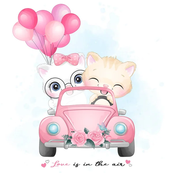 Cute little kitty driving a car with watercolor illustration