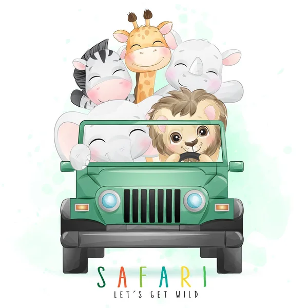 Cute Little Animals Driving Car Watercolor Illustration — Stock Vector