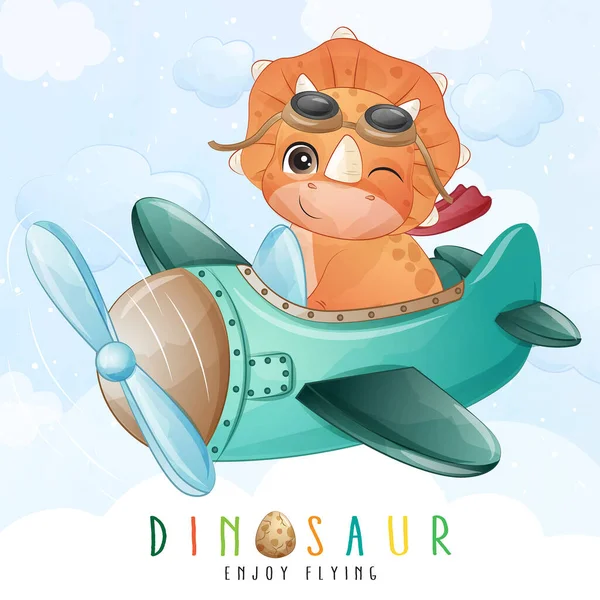 Cute Little Dinosaur Flying Airplane Illustration — Stock Vector