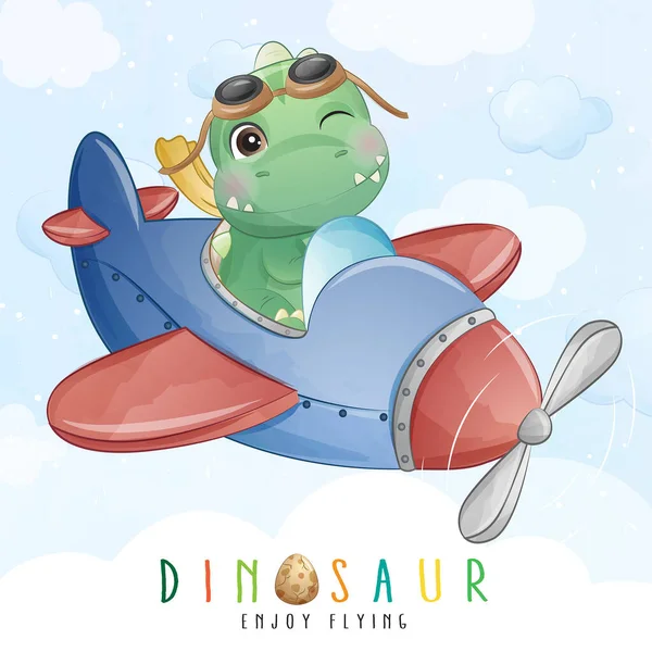 Cute Little Dinosaur Flying Airplane Illustration — Stock Vector