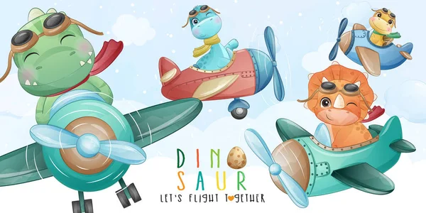 Χαριτωμένο Μικρό Δεινόσαυρος Που Φέρουν Αεροπλάνο Εικονογράφηση — Διανυσματικό Αρχείο
