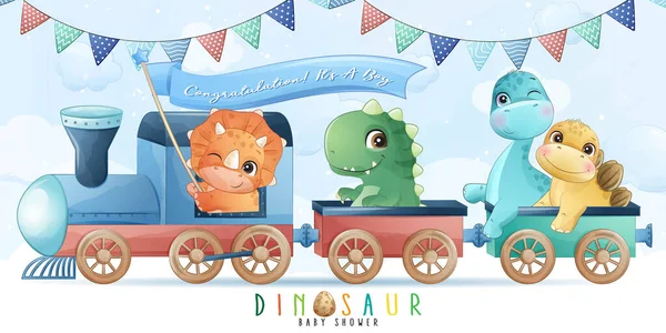 Leuke Kleine Dinosaurus Zittend Trein Illustratie — Stockvector