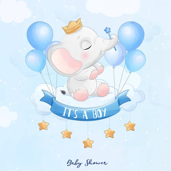 Schattige Baby Olifant Zit Wolk Met Aquarel Illustratie — Stockvector