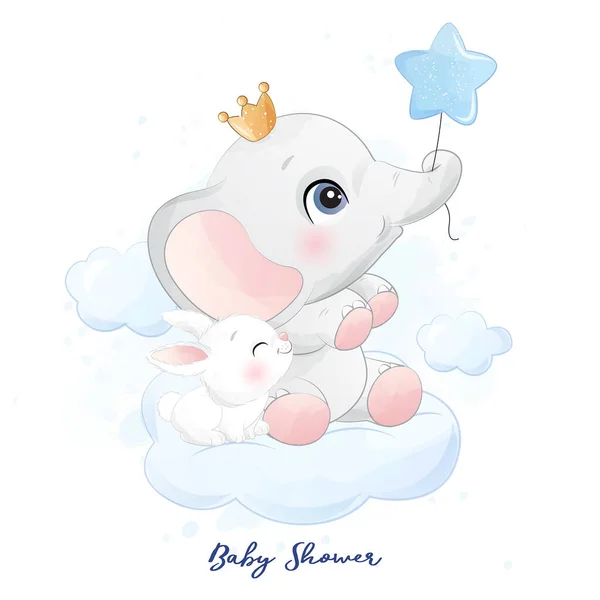 Carino Piccolo Elefante Seduto Nella Nuvola Con Illustrazione Coniglietto — Vettoriale Stock