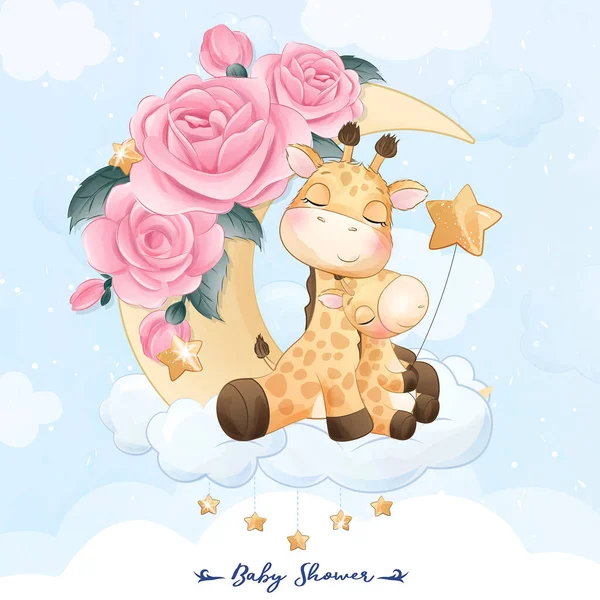 Girafa Pequena Bonito Mãe Bebê Sentado Lua Ilustração — Vetor de Stock