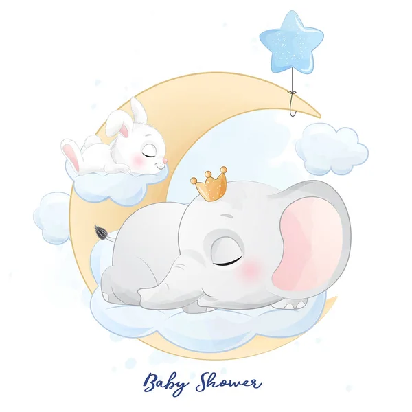 Carino Piccolo Elefante Coniglietto Dormire Nella Nuvola Illustrazione — Vettoriale Stock