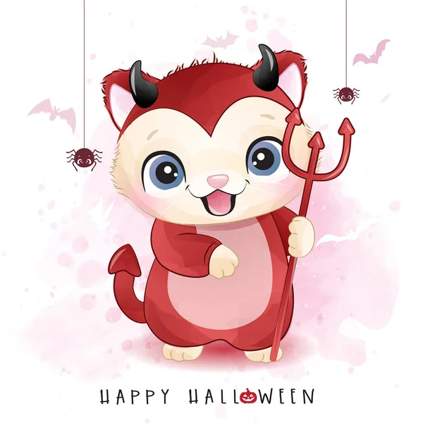 Chaton Mignon Pour Journée Halloween Avec Illustration Aquarelle — Image vectorielle