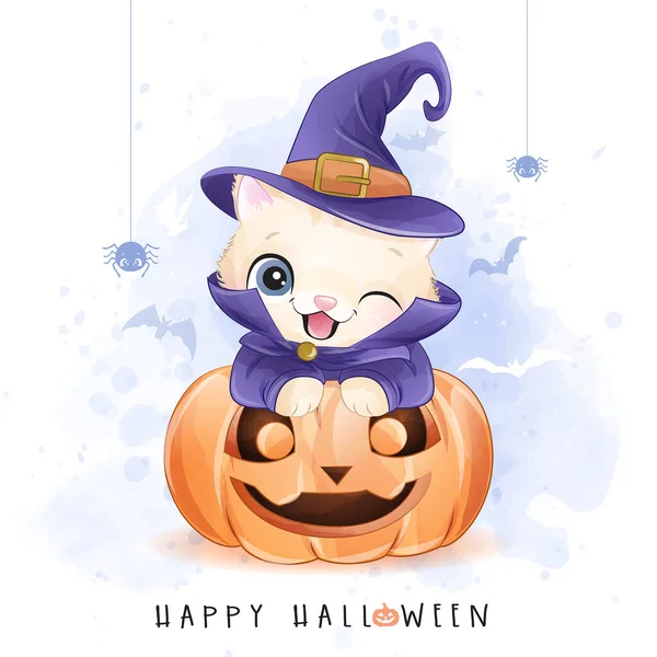 Lindo Gatito Para Día Halloween Con Ilustración Acuarela — Vector de stock