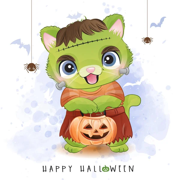 Gattino Carino Giorno Halloween Con Illustrazione Acquerello — Vettoriale Stock