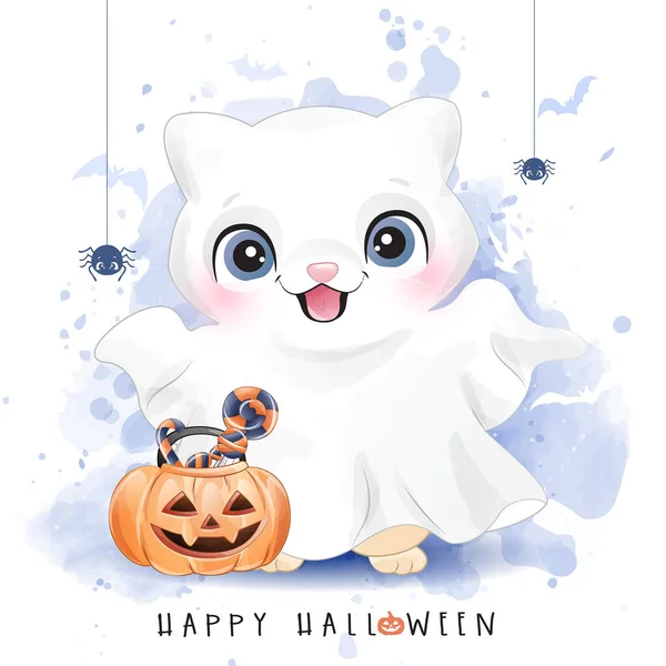 Gatinho Bonito Para Dia Halloween Com Ilustração Aquarela — Vetor de Stock